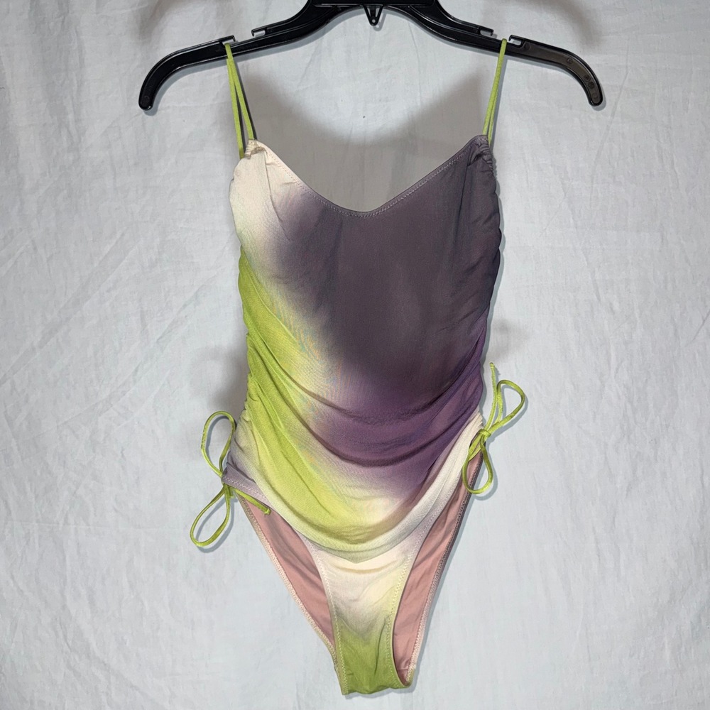 Zara Womens Purple Lime Green Ombre Mesh Ruched Side Tie One Piece Swimsuit XS